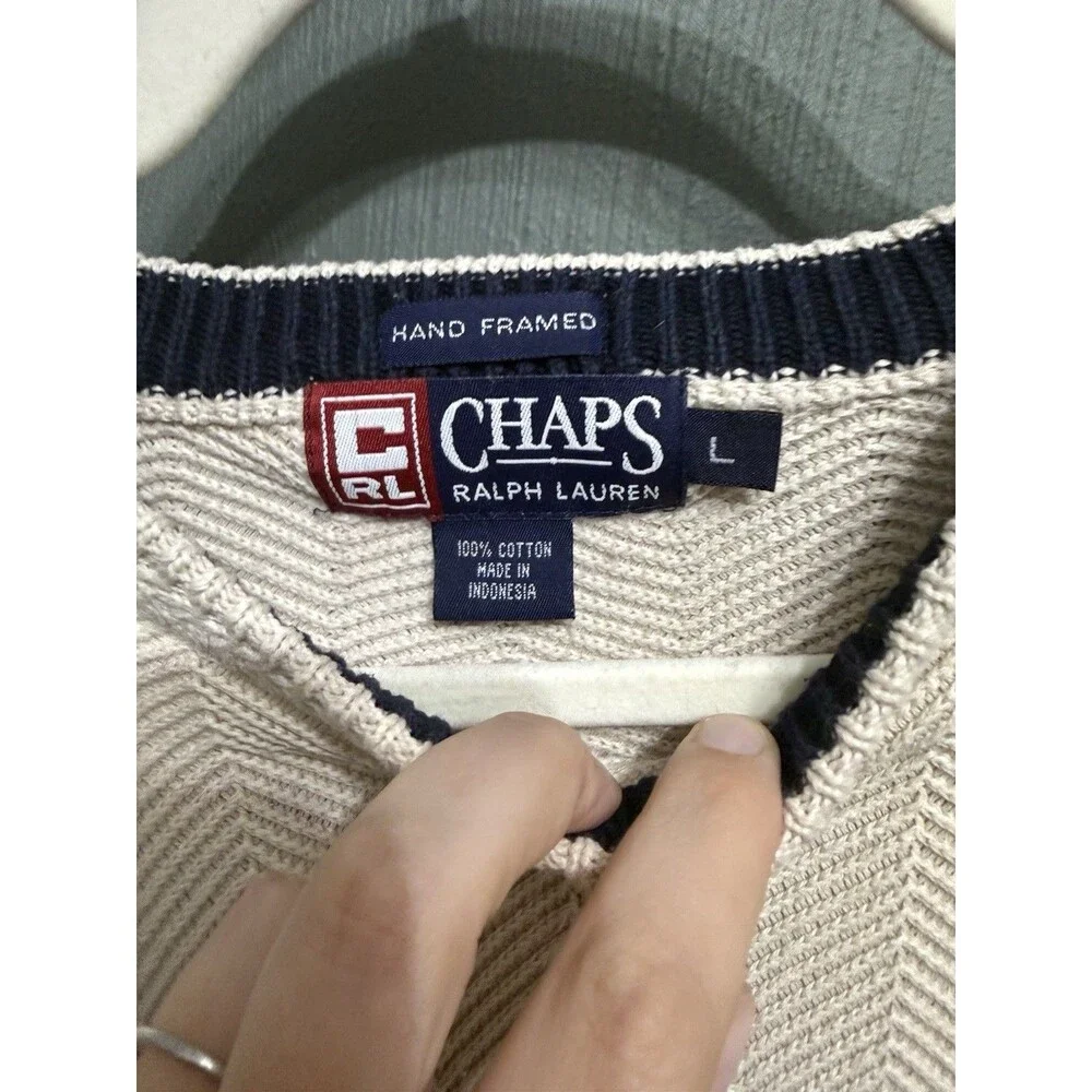 Chaps Ralph Lauren Sweater L Cream Hand Framed Herringbone Cotton Knit Heritage